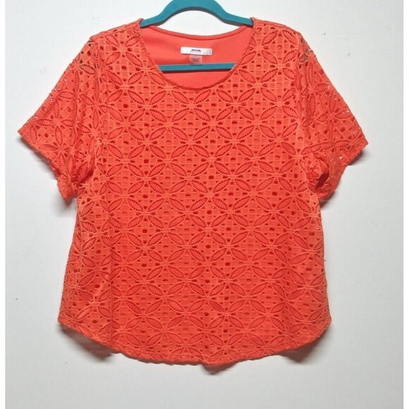 Womens top blouse ALIA LACE OVERLAY Size PXL short sleeve STRETCH Orange lined - Picture 1 of 6